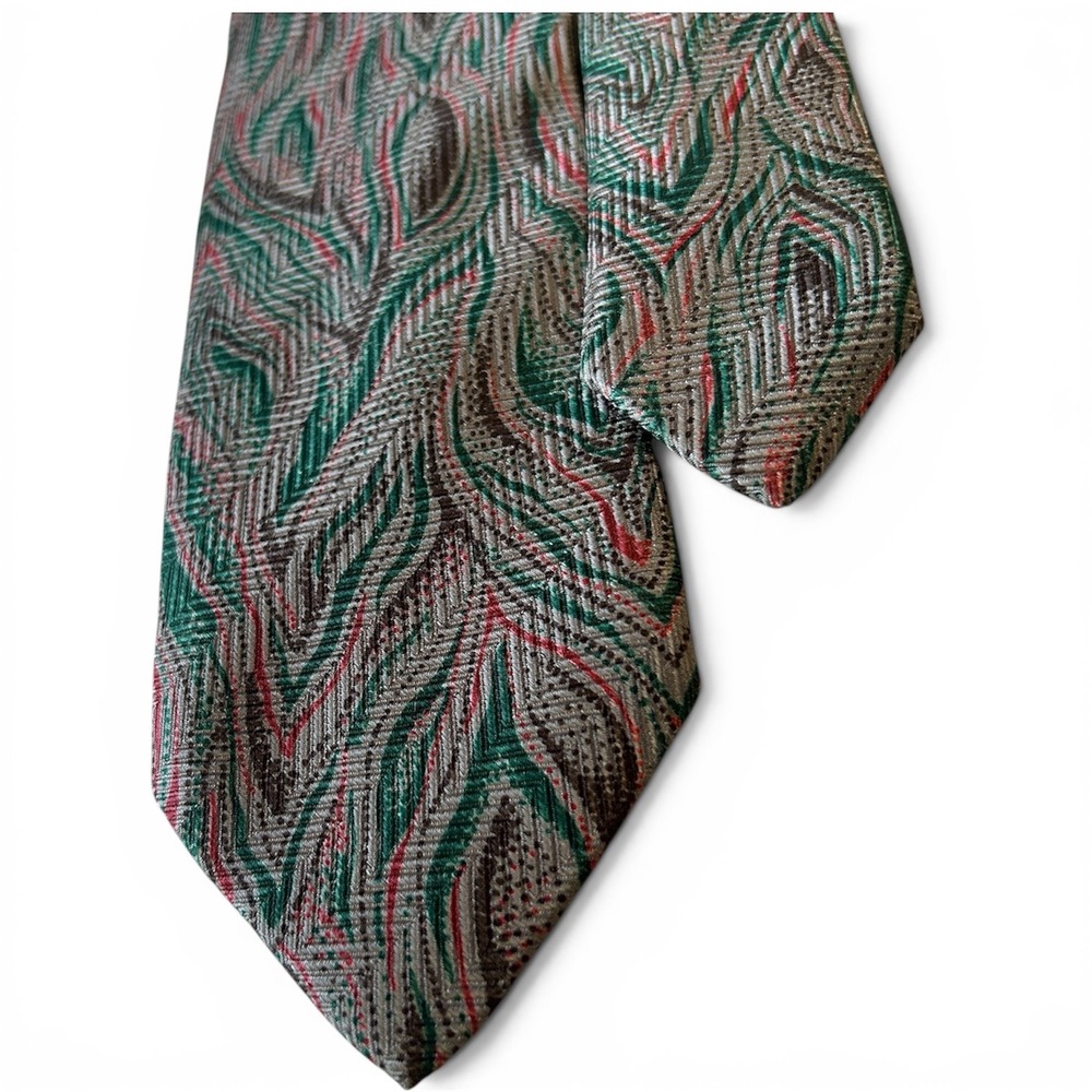 Giorgio Armani Italy Silk Tie Gray Green Red Abstract Geometric Designer Necktie